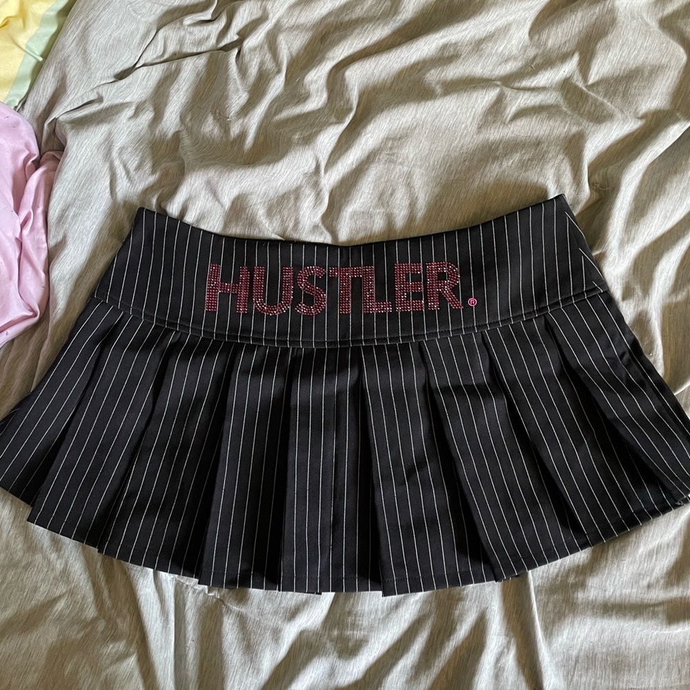Dollskill x hustler pinstripe mini skirt with pink buckles